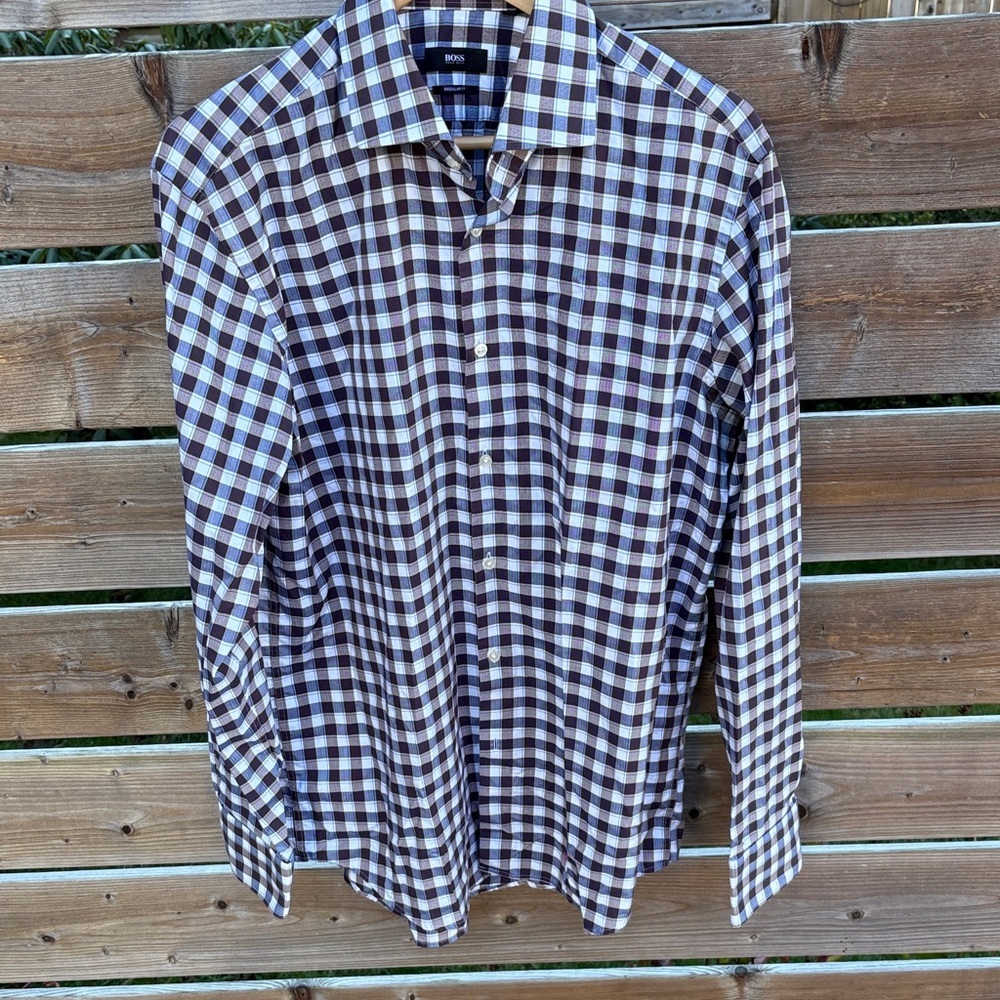 Hugo Boss Men's Plaid Shirt - Blue White/ brown size 17